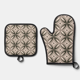 Beige en bruine retro cirkelvormen ovenwant & pannenlap set