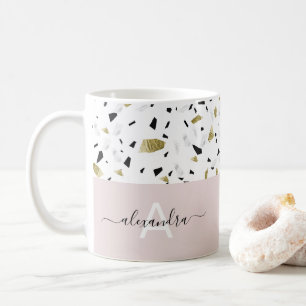 Beige en gouden foil terrazzo monogram koffiemok