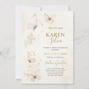 Beige en gouden vlinders Quinceañera Uitnodiging