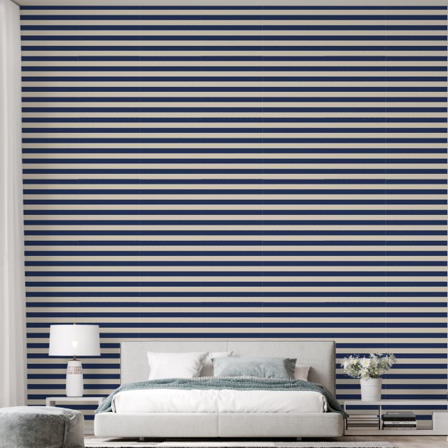 Beige en Navy blauwe nautische strepen Behang (Slaapkamer)