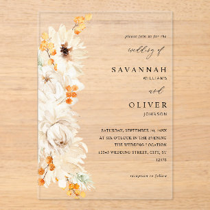 Beige en Oranje Floral Wedding Acryl Uitnodigingen