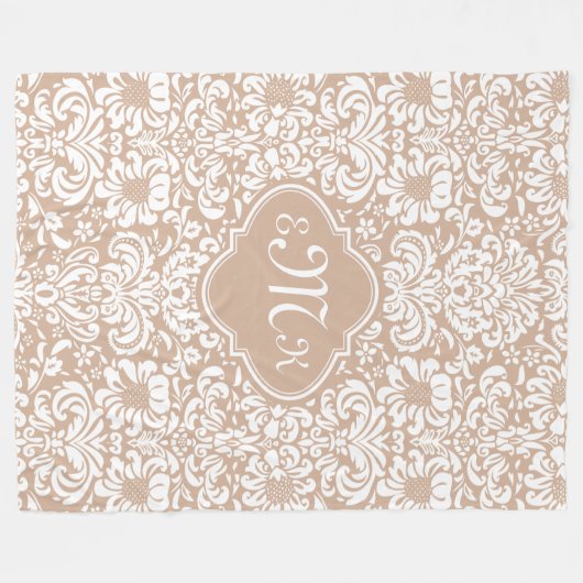 Beige en witte bloemdamast fleece deken (Voorkant (Horizontaal))