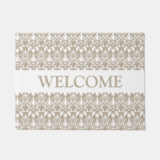 Beige en Witte Damaspatronen met welkomsttekst Deurmat (Voorkant)