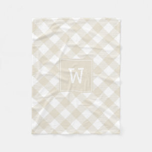 Beige en witte diagonale geruite boerderijmonogram fleece deken