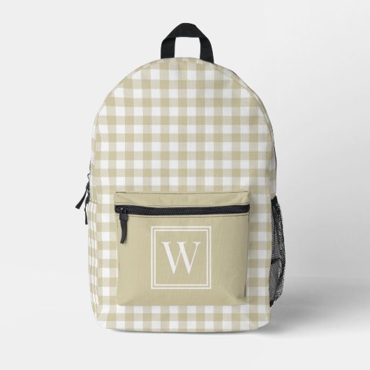 Beige en witte gingham check geplakt monogram bedrukte rugzak (Voorkant)