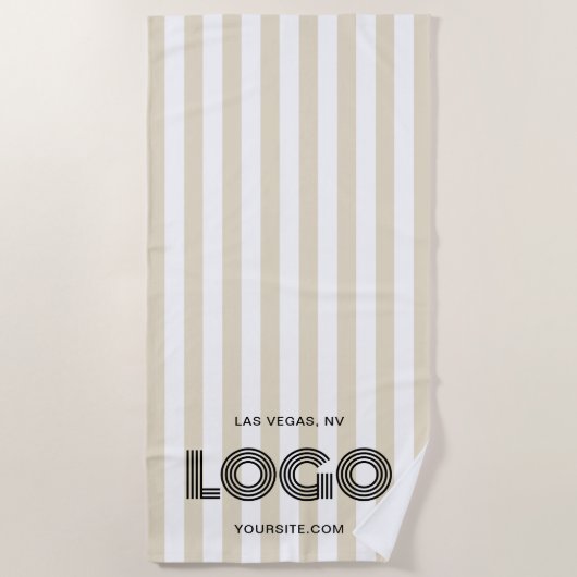Beige en witte klassieke streep Logo Strandlaken (Voorkant)