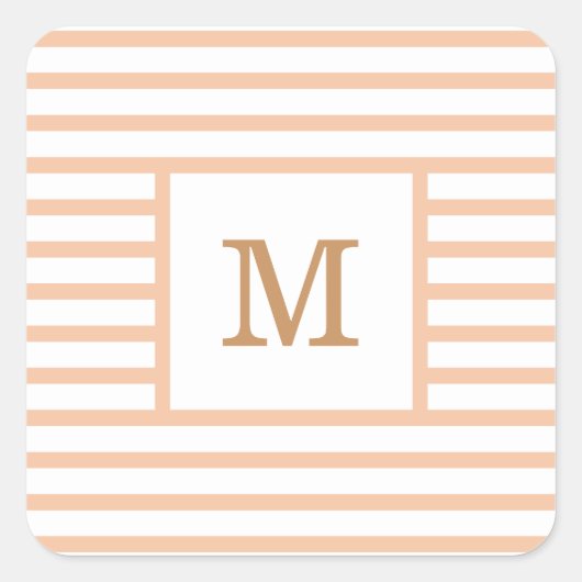 Beige en Witte Stripes Aangepast monogram Vierkante Sticker (Voorkant)