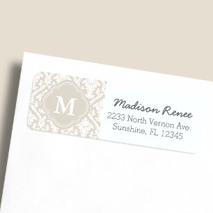 Beige en Witte Trendy Damast Aangepaste Monogram Etiket