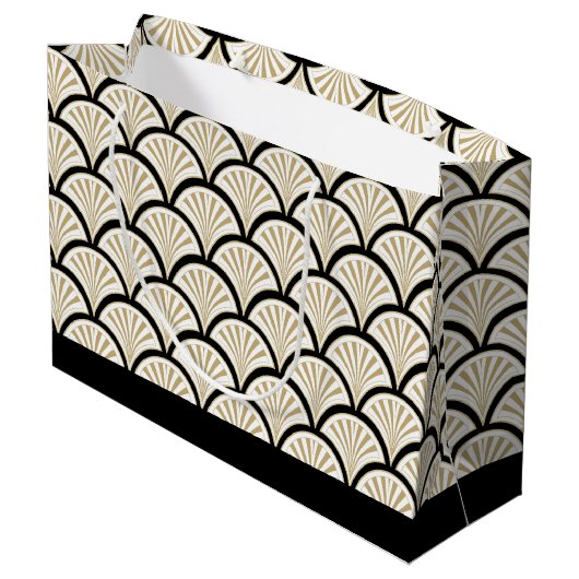 Beige en zwarte kunstdeco abstracte bloemen patroo groot cadeauzakje (Achterkant Gekanteld)