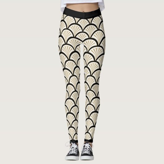 Beige en zwarte kunstdecobloemen leggings (Voorkant)