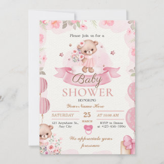 Beige et Brown Floral Baby Girl Shower Invitation