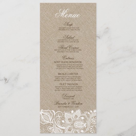 Beige Faux Linen Burlap & White Lace Wedding Menu (Voorkant)