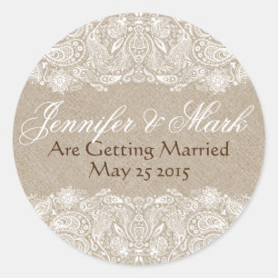 Beige Faux Linen Burlap & White Paisley Lace Ronde Sticker