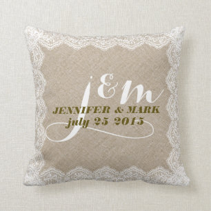 Beige Faux Linnen & Wit Kant Bruiloft Kussen
