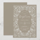 Beige Floral Birdie Baby Baptême Invitation (Devant / Derrière)