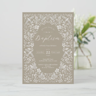 Beige Floral Birdie Baby Doopuitnodiging Kaart