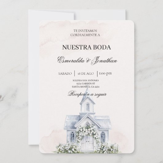 Beige Floral Spanish church Wedding Invitation (Devant)