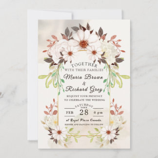 Beige Floral Wedding Invitation Kaart