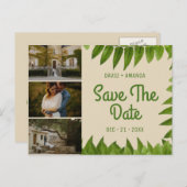 Beige gebladerte drie fotocollage Sla de datum op Aankondigingskaart (Voorkant / Achterkant)