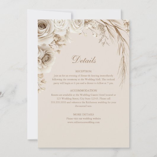 Beige gedroogde bloem en witte roos bruiloft detai kaart (Voorkant)