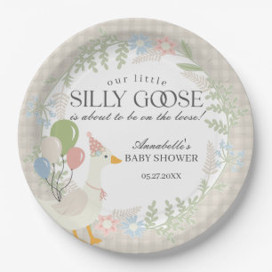 Beige Gekke Goose Floral Gingham Baby shower Papieren Bordje