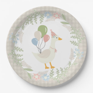 Beige Gekke Goose Floral Gingham Party Papieren Bordje