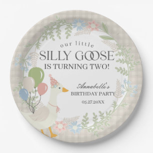Beige Gekke Goose Floral Gingham Verjaardag Papieren Bordje