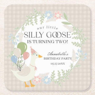 Beige Gekke Goose Floral Gingham Verjaardag Vierkante Kartonnen Onderzetter