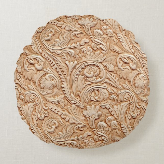  beige gesneden kunstleer rond kussen (Voorkant)