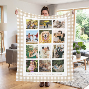 Beige Gingham Aangepaste 12 Foto Collage Fleece Deken
