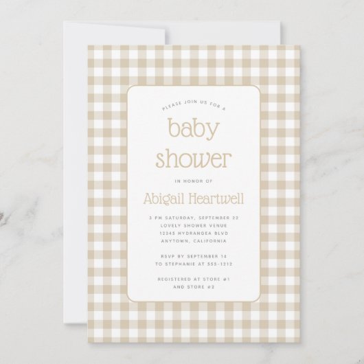 Beige Gingham Check Baby shower Kaart (Voorkant)