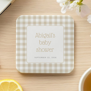 Beige Gingham Check Rustiek Baby shower Vierkante Kartonnen Onderzetter