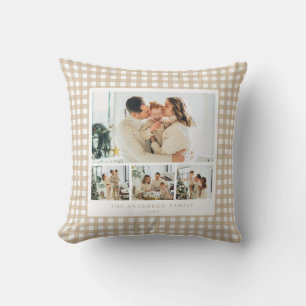 Beige Gingham Familie Foto Collage Kussen