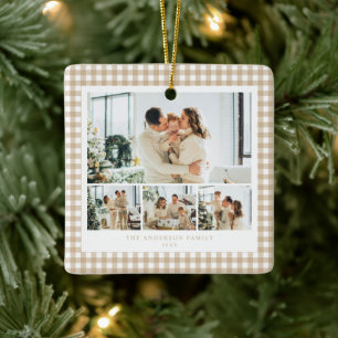 Beige Gingham Familie Fotocollage Keramisch Ornament