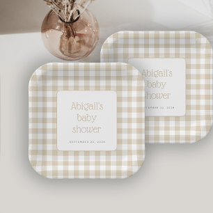 Beige Gingham Geruite Neutrale Rustieke Baby Showe Papieren Bordje