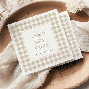 Beige Gingham Geruite Neutrale Rustieke Baby Showe Servet