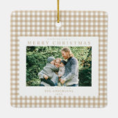 Beige Gingham Kerstfoto Keramisch Ornament (Achterkant)