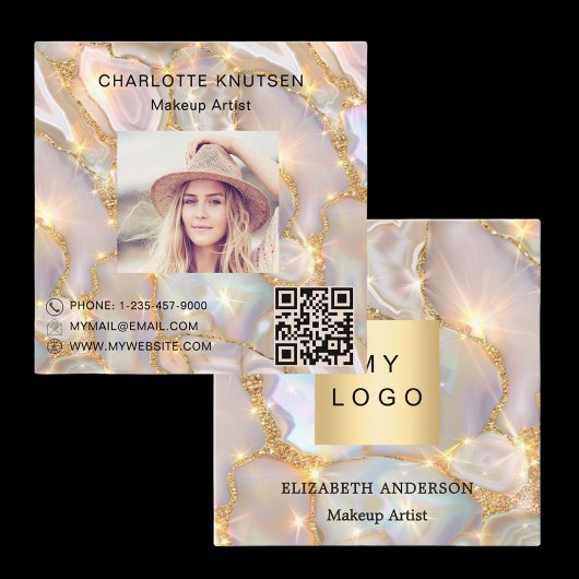 Beige gouden agaat holografische foto qr code logo vierkante visitekaartje