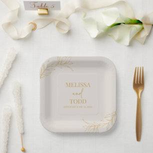 Beige gouden minimalistische tak blad bruiloft papieren bordje