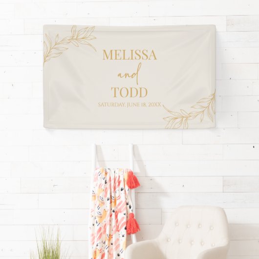 Beige gouden minimalistische tak blad bruiloft spandoek (Insitu)