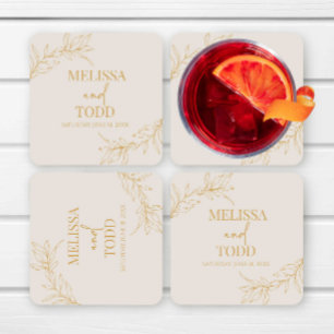 Beige gouden minimalistische tak blad bruiloft vierkante kartonnen onderzetter