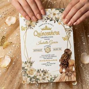 Beige Gouden Tiara Bloem Vlinder Quinceañera Kaart