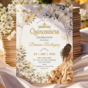 Beige Gouden Tiara Bloem Vlinder Quinceañera Kaart