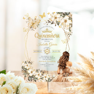 Beige Gouden Tiara Bloem Vlinders Quinceañera Acryl Uitnodigingen
