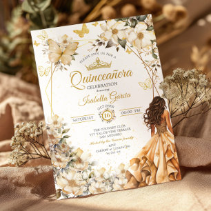 Beige Gouden Tiara Bloem Vlinders Quinceañera Kaart
