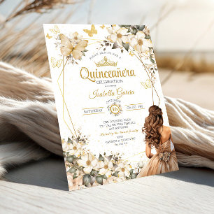 Beige Gouden Tiara Bloem Vlinders Quinceañera Kaart