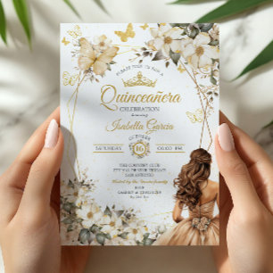 Beige Gouden Tiara Bloem Vlinders Quinceañera Kaart