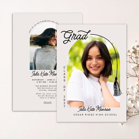 Beige Grad Announcement and Invitation with Photo Kaart