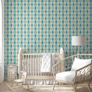 Beige Green Blue White - Blauwgroen roestbuspatroo Behang