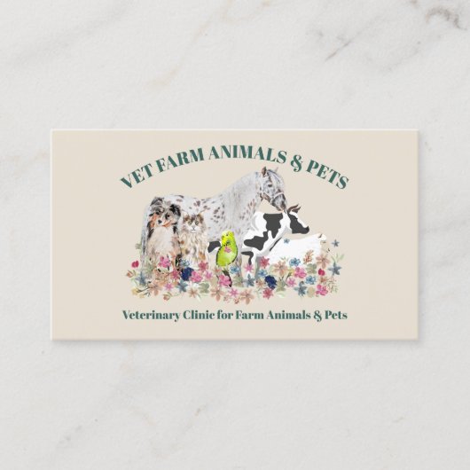 Beige Green Horse Koe Sheep Dog Kat Farm Animals Visitekaartje (Voorkant)